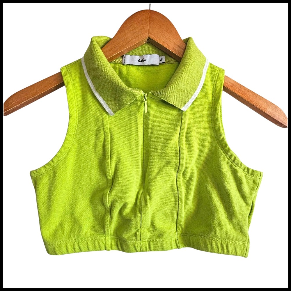 Adika Cropped Polo Top Sleeveless Zip Up‎ Green White Trim Size M